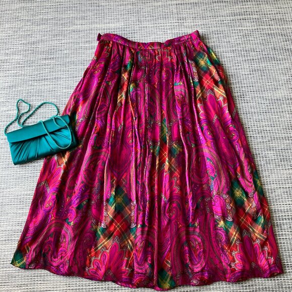 Carlisle Dresses & Skirts - Carlisle Vintage 100% Silk Midi Pleated Skirt Magenta Green Paisley 10